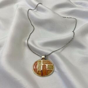 Early 2000's Whimsical Oval Chunky Orange Cream Checkered Pendant Necklace